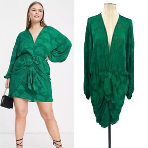 Asos Design Curve Plunge Tie front Mini Dress Floral Jacquard Green Size US 16